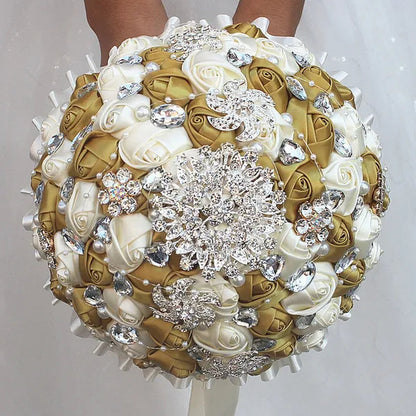 Bride wedding bouquet ivory gold rose flower crystal brooch bouquet flowers Diameter 18CM