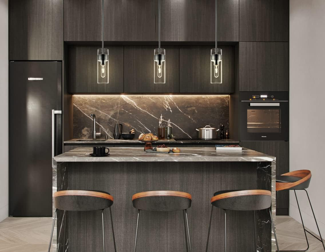 Burlington Modern Black Pendant Light Fixtures over Kitchen Island - Sink Lighting - Ceiling Hanging Metal Industrial Pendant Lighting with Clear Glass Shade