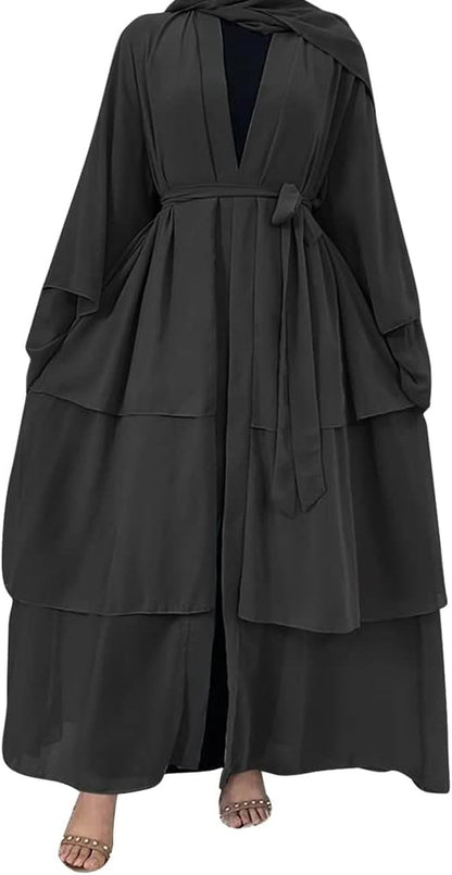 Muslim Chiffon Abaya for Women Open Front Cardigan Modest Dress with Hijab Scarf Middle East Arabian Robe Islamic Long Dress