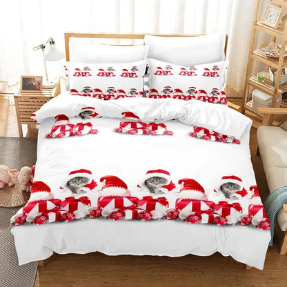 3Pcs/Set Christmas Duvet Cover Pillowcase Set,Christmas Holiday Decorative Comforter Cover Set Red with Christmas Reindeer and Snowflake Patterns Pillowcase (Quilt, pillow heart not included)