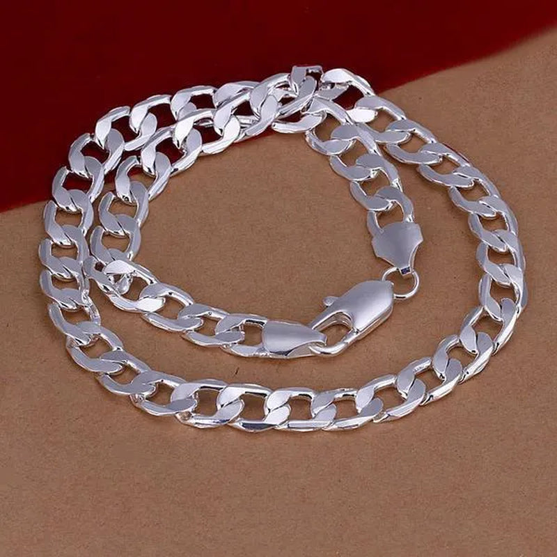925 Sterling Silver Jewelry Set Flat Sideways Necklace Bracelet Chain for Men and Women-Fashion Wedding Engagement Jewelry-Genuine Sterling Silver