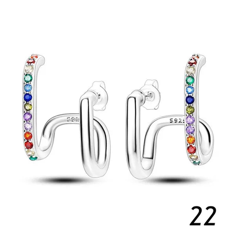 New 925 Sterling Silver Sparkling Two-Tone Zircon Stud Earrings European Fashion Women's Jewelry Earrings