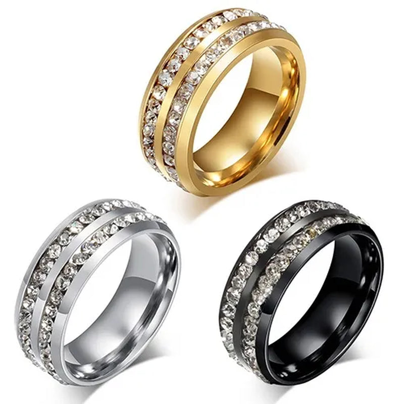 Womens Men's Fashion Double Rows Crystal gold silver black Titanium Steel Wedding Jewelry Ring 6-11