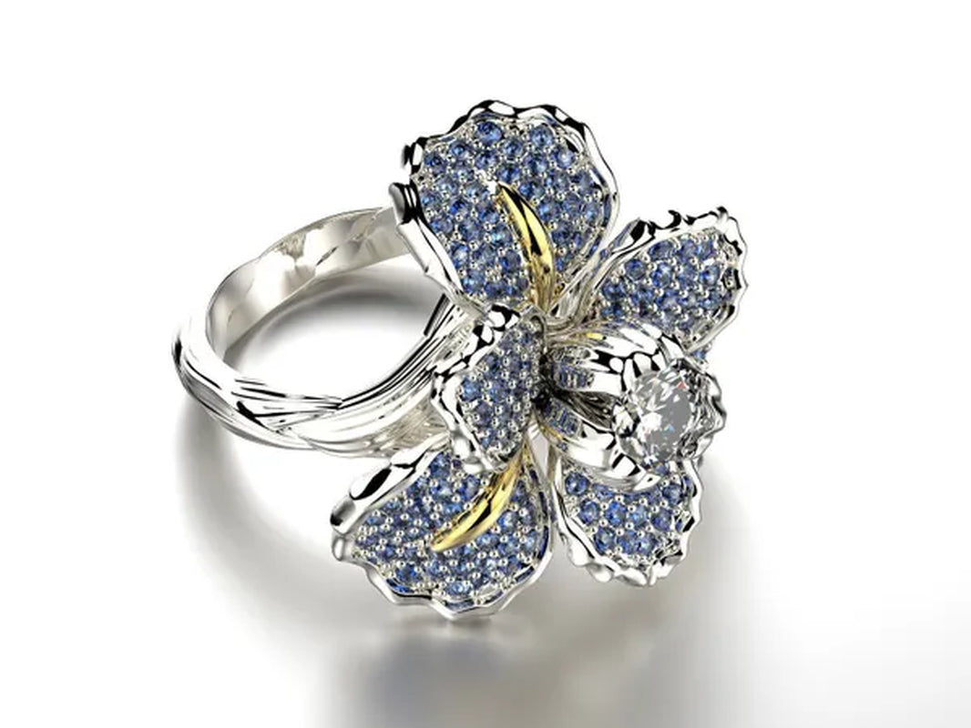 Silver Ring Iris Flower Two Tone Ring Blue Sapphire Flower Engagement Cocktail Ring Statement Crown Ring Natural Gemstones Ring Wedding Bride Engagement Band Charm Party Ring Jewelry
