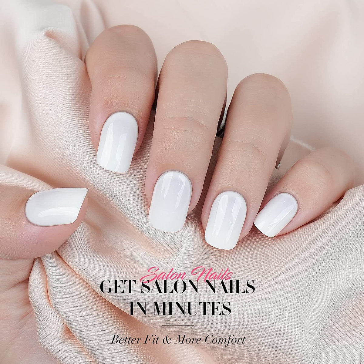 White Press on Nails Short,  Square Solid Color Fake Nails with Glue, Reusable & Natural Acrylic False Nails Stick on Nails for Women Girls Gift, Gel Nail Kit, 24pcs