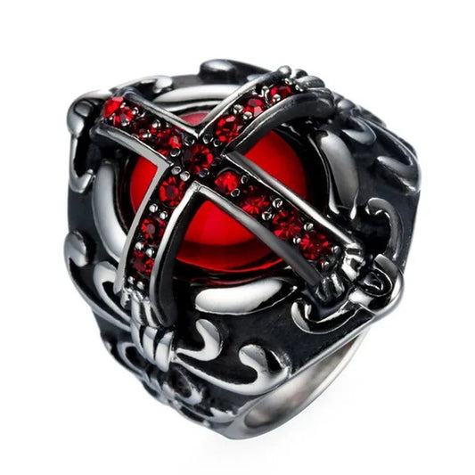 Stainless Steel Fashion Filled Diamond Men Vintage Cross Ruby Ring Jewelry