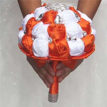 Private Custom Wedding Flower Bride Bouquet 18CM Silk Rose Wedding Bouquet Crystal Brooch Ribbon Bow Bride Bridesmaid Holding Flowers