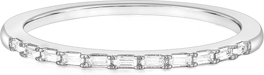 Half Eternity Ring for Women, Baguette Cubic Zirconia Anniversary Thin Stacking Ring, Minimalist CZ Statement Band, Size 3-11