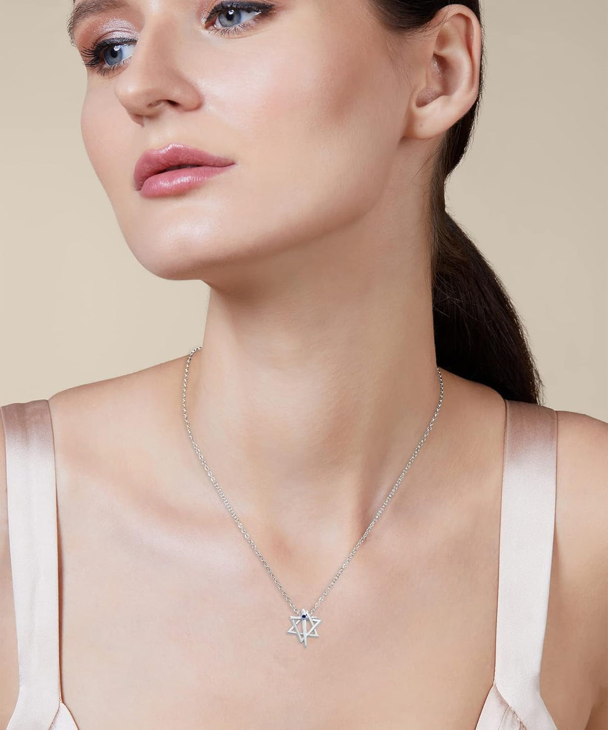 0.25 CT. T.W. Star of David Cross Pendant for Women 925 Sterling Silver Blue Sapphire 14K White Gold Plated Necklace (With 18" Silver Chain)