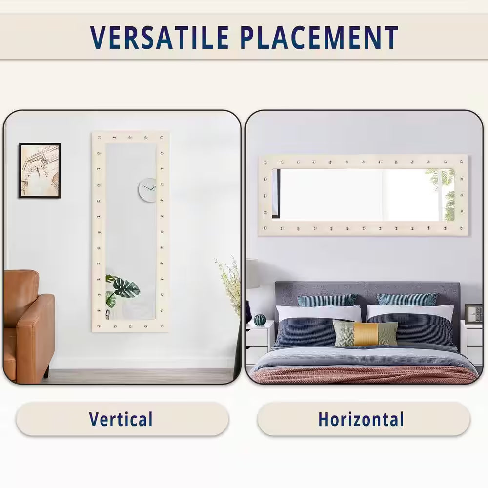 Beige 22 In. W X 63 In. H Modern Crystal Tufted Rectangle Framed Leaning Mirror