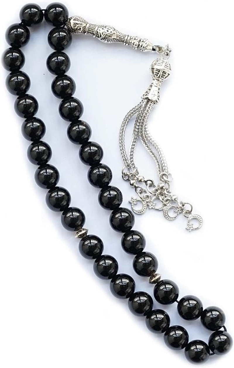 10Mm Tasbih Prayer Beads Natural Black Agate Stone Islamic Misbaha Prayer Rosary Beads Muslim Islam Misbaha Bracelet Moon Tasbeeh Sibha 33 Prayer Beads Hand Bracelets