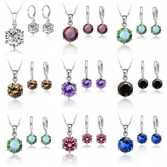 Woman 925 Sterling Silver 8MM Jewelry Sets Cubic Zircon Crystal Lever Back Earrings Pendant Wedding Necklace Nice Gifts 8MM Stone
