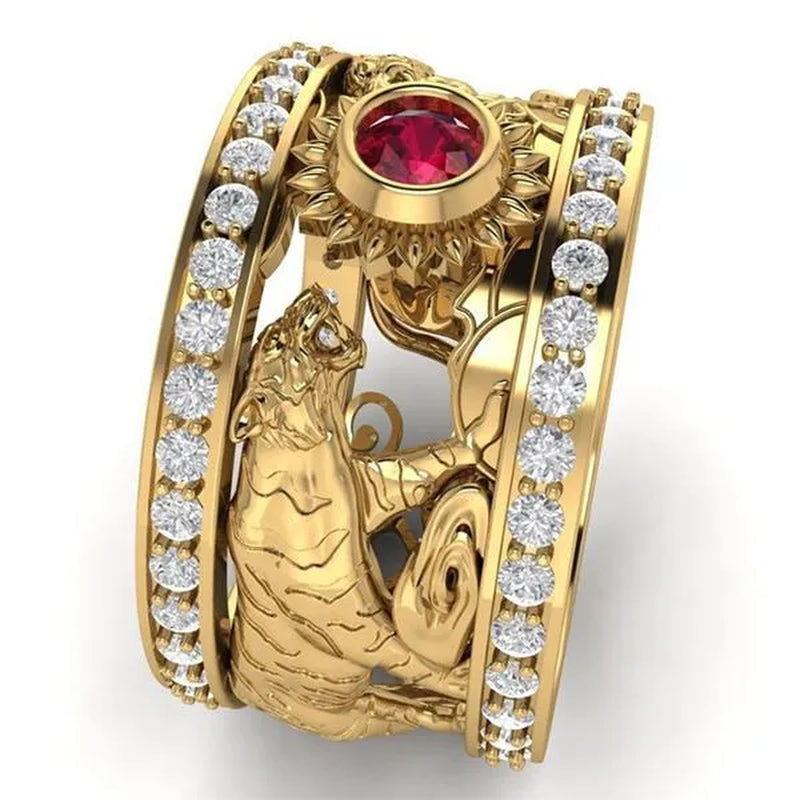 European and American Fashion Men's Exquisite Double Row Natural Gemstone Ruby & White Sapphire Gold Tiger Ring Anniversary Gift Engagement Wedding Band Rings Jewelry Size 6-13