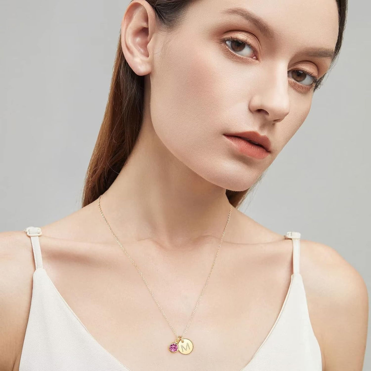 Initial Birthstone Necklace for Girls Women, 14K Gold Plated Disc Initial Necklace Jewelry Gifts Birthstone Necklace Personalized Initial Birthstone Necklace Birthday Gifts