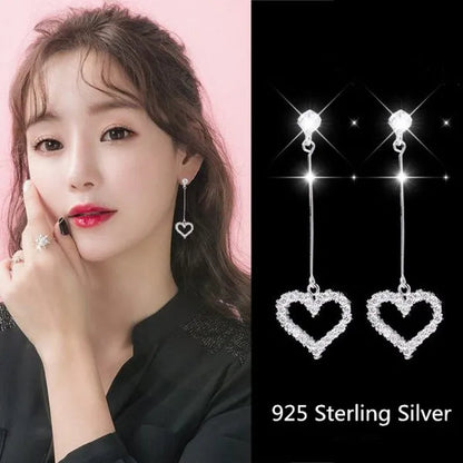 New Exquisite Korean Women's Fashion  Diamond Long Tassel Heart-shaped Pendant Earrings Jewelry Gift