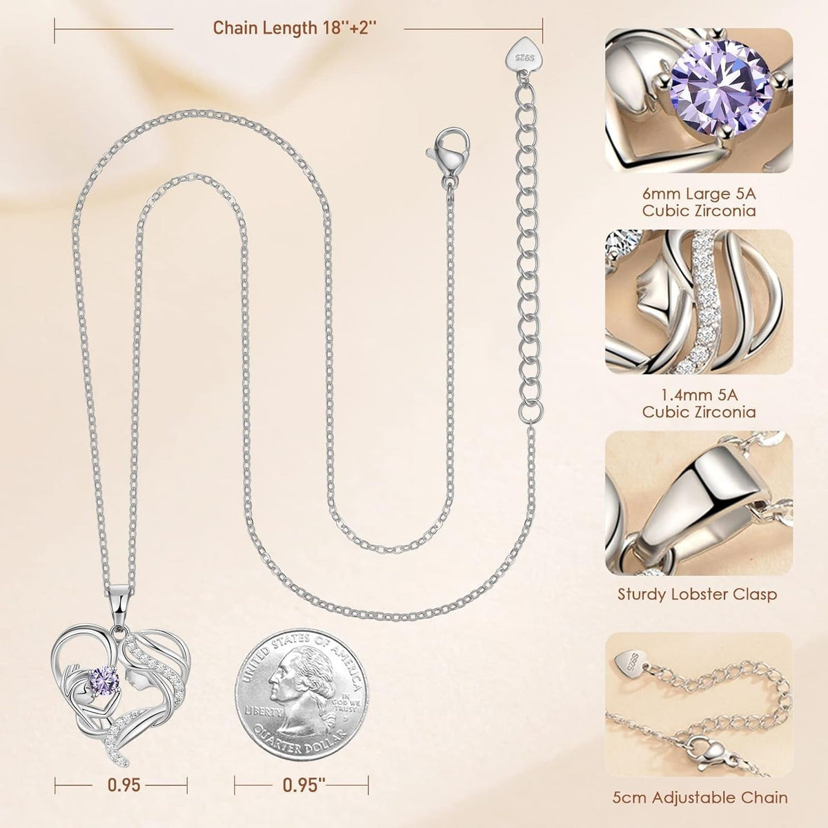 Gift for Mom, Mother and Child Love Heart Pendant Necklace, Mothers Day Gifts for Mom Women 925 Sterling Silver Necklace with Birthstone Necklaces for Mother'S Day Valentines Anniversary Christmas Birthday Gifts for Wife from Husband