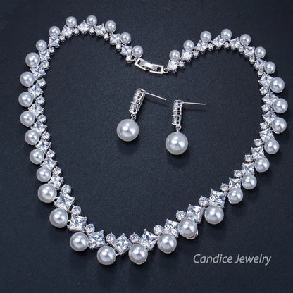 CANDICE High Quality White Gold Plating Square CZ Stone With White Pearl Luxurious Bridal Jewelry Wedding Choker Necklace and Drop Earrings Sets for Brides Dress Accessories