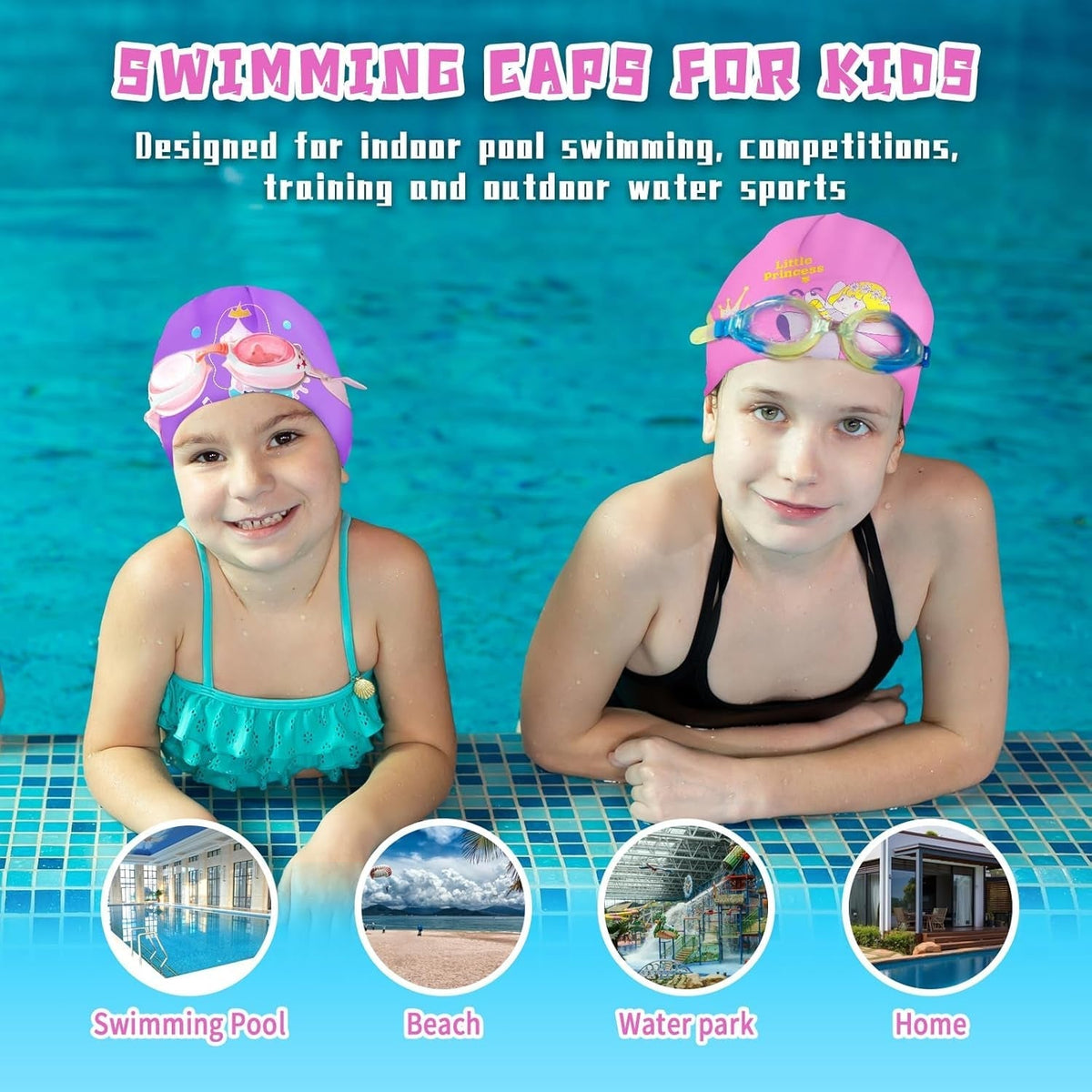 2 Pack Swim Cap for Kids Girl Boys Youth, Waterproof Swimming Cap for Long and Short Hair, Durable Silicone Bathing Cap with Storage Bag