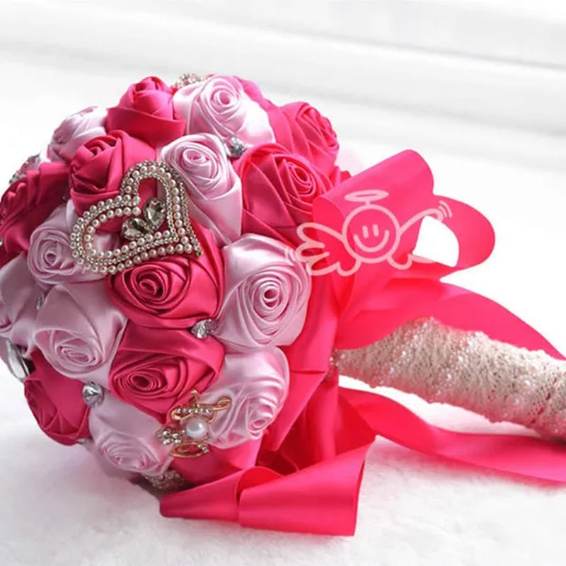 21CM Satin Ribbon Roses Wedding Bouquet Pearl Crystal Brooch Bride Holding Flowers Artificial Rose Wedding Flower Bridesmaid Bouquet. Multi-color Optional
