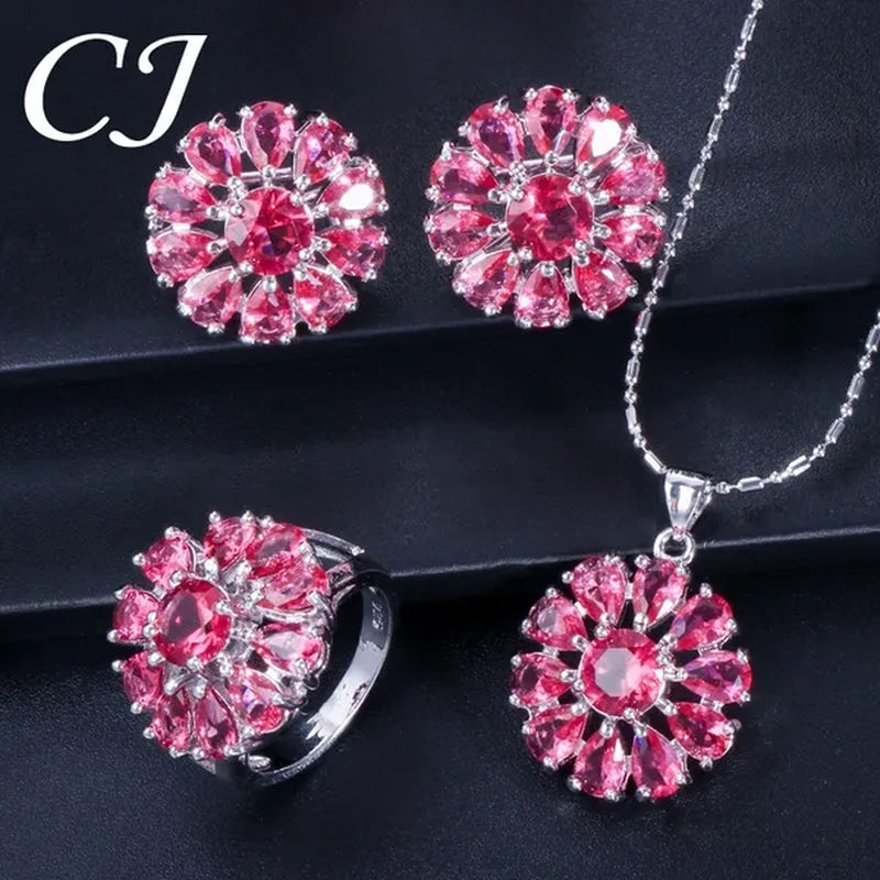 CANDICE BLUE Zirconia Stone Flower Stud Earrings Necklace Ring Fashion Sterling Silver Plated Jewelry for Christmas Party