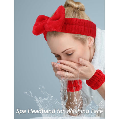 6 Pack Hairband, Makeup Headband, Face Wash Headband, Skincare Headbands, Red Microfiber Hair Band with Bow Tie Spa Headband for Washing Face Wristband Set Hair Accessories for Women