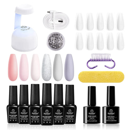 Beetles Gel Nail Polish Kit with 48W light 18 Pcs Gel Starter Kit,6 colors Nude Pink French White Glitter Gel Polish Soak Off Base Top Coat Gel Art Manicure Kit