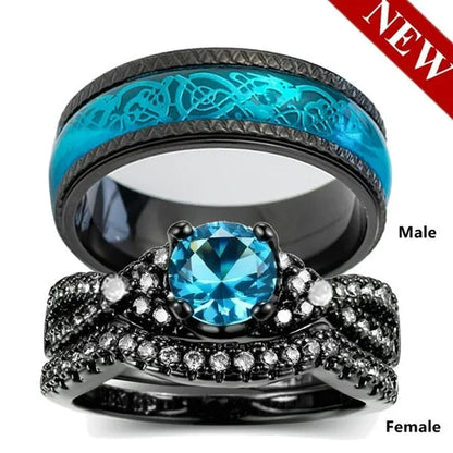 (3PCS RINGS)  Couple Wedding Rings 10KT Black Gold Plated  Womens Bridal Ring Sets and Titanium Steel Mens Engagement  Bands Jewelry   Size5-12