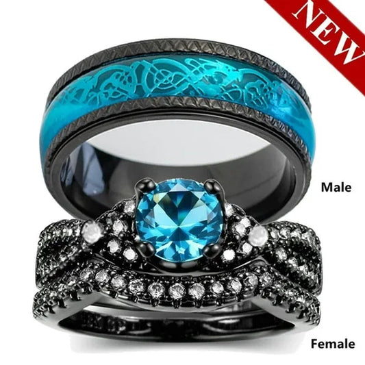 (3PCS RINGS)  Couple Wedding Rings 10KT Black Gold Plated  Womens Bridal Ring Sets and Titanium Steel Mens Engagement  Bands Jewelry   Size5-12