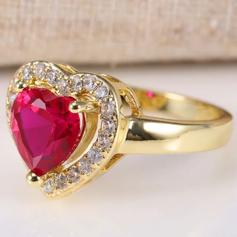 Love Heart 1.2CT Hot Pink Ruby  Yellow Golden Wedding Bands Women's Rings Brilliant Accessories Engagement Trendy Jewelry Size 6-10