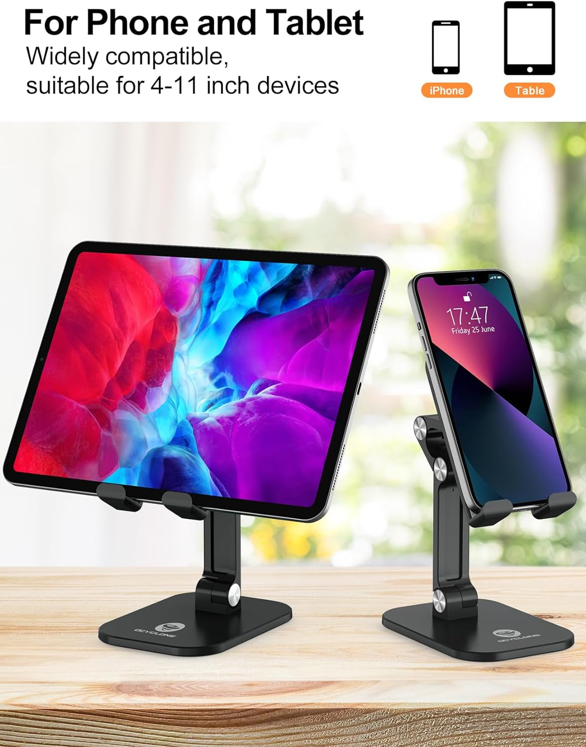 Phone Stand, Adjustable Height and Angle Foldable Cell Phone Stand Holder for Desk, Taller Iphone Stand Compatible with 4.7"-13" Smartphones Ipad Tablet, Black