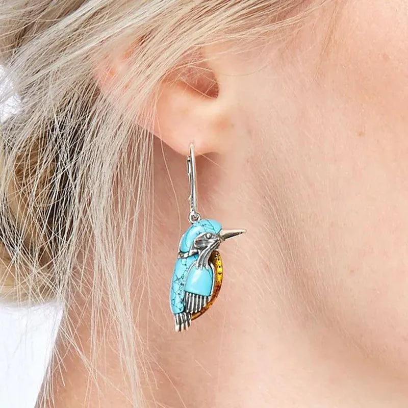 Vintage Women's Exquisite 925 Sterling Silver Hook Dangle Turquoise Amber Hummingbird Bird Earrings Engagement Wedding Earrings Birthday Anniversary Gift Jewelry
