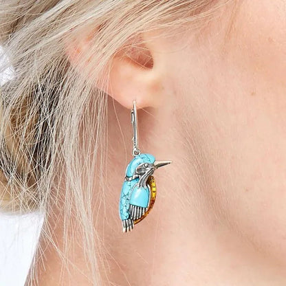 Vintage Women's Exquisite 925 Sterling Silver Hook Dangle Turquoise Amber Hummingbird Bird Earrings Engagement Wedding Earrings Birthday Anniversary Gift Jewelry