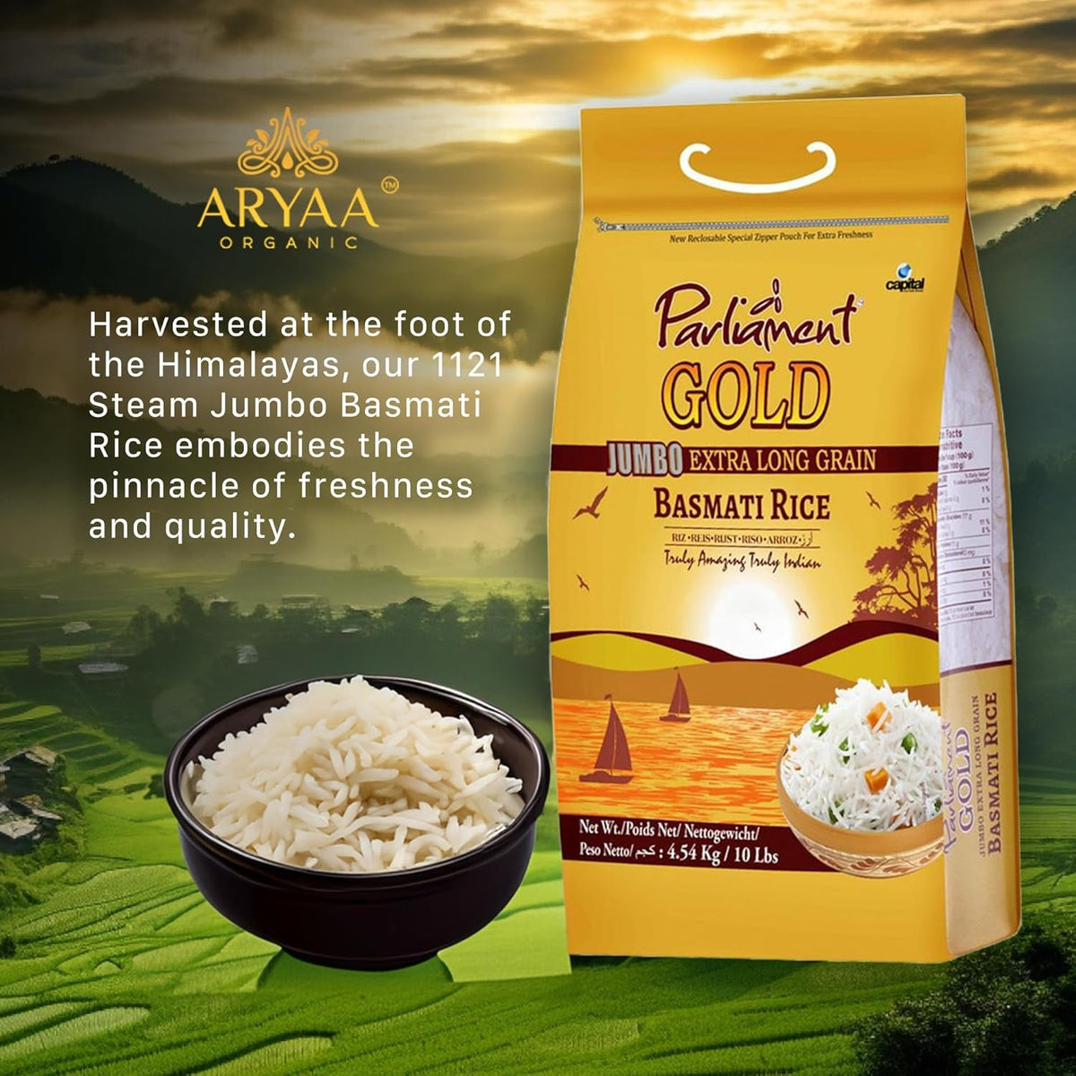 Gold Jumbo Extra Long Basmati Rice | Indian Risotto | All Natural | Vegan | Gluten Friendly | NON-GMO | Aged Perfection | Luxurious Taste | Product of India (10, Pounds)
