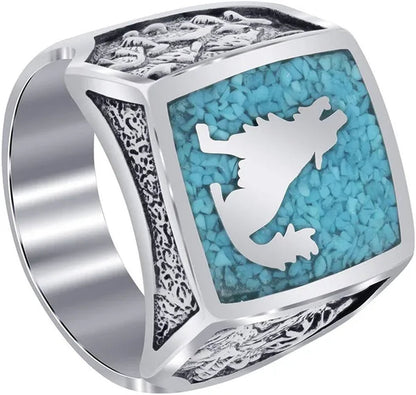 Mens Southwestern Style Turquoise Gemstone Inlay Howling Wolf Sterling Silver Ring