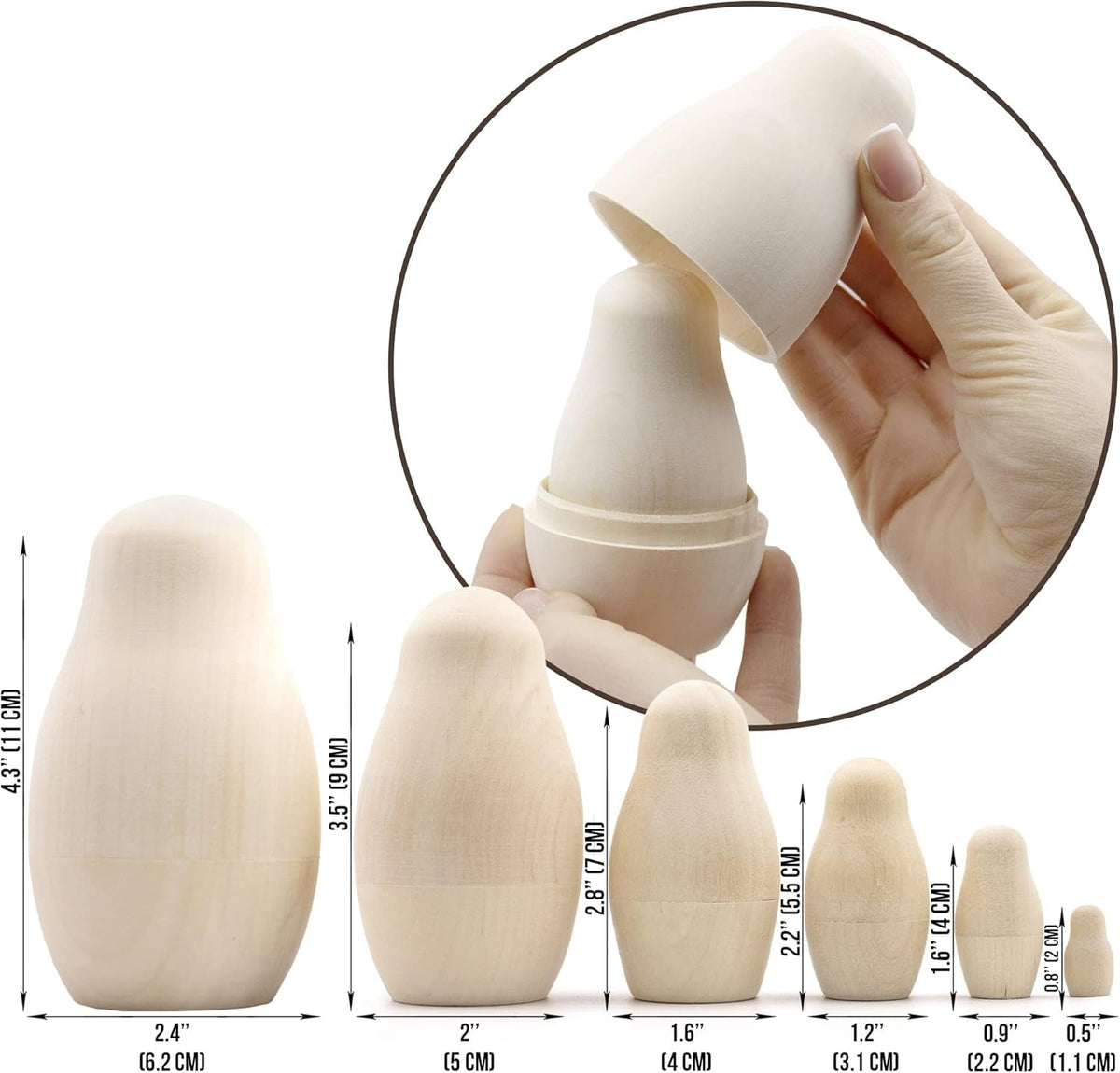 Blank Russian Nesting Dolls Lot of 5 Sets by 6 Pcs - Unpainted Russian Matryoshka Dolls to Paint