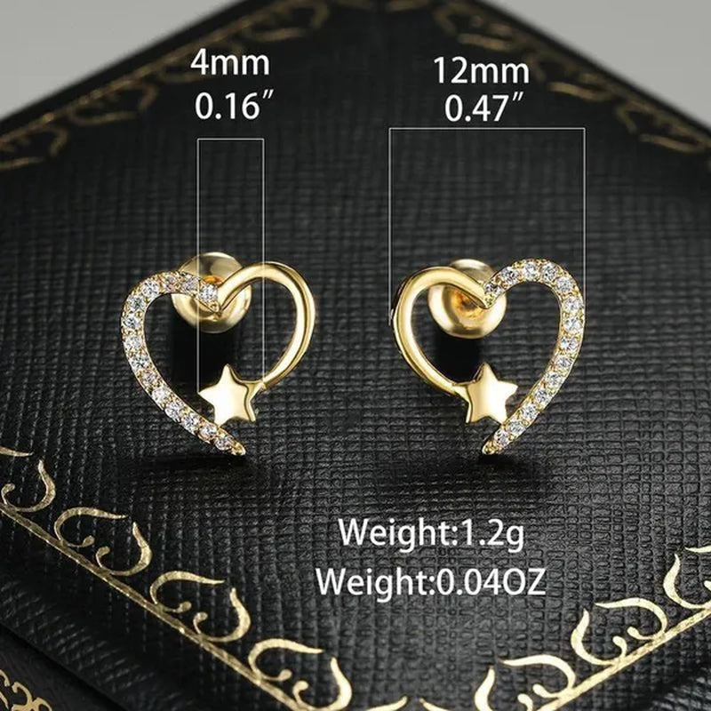 14K  Gold Love Heart Star White Zircon Stud Earrings for Women Wedding Engagement Bride Jewelry Gift