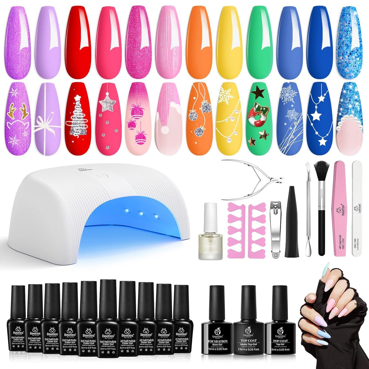Beetles Gel Nail Polish Kit with 48W light 18 Pcs Gel Starter Kit,6 colors Nude Pink French White Glitter Gel Polish Soak Off Base Top Coat Gel Art Manicure Kit