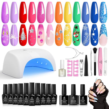 Beetles Gel Nail Polish Kit with 48W light 18 Pcs Gel Starter Kit,6 colors Nude Pink French White Glitter Gel Polish Soak Off Base Top Coat Gel Art Manicure Kit