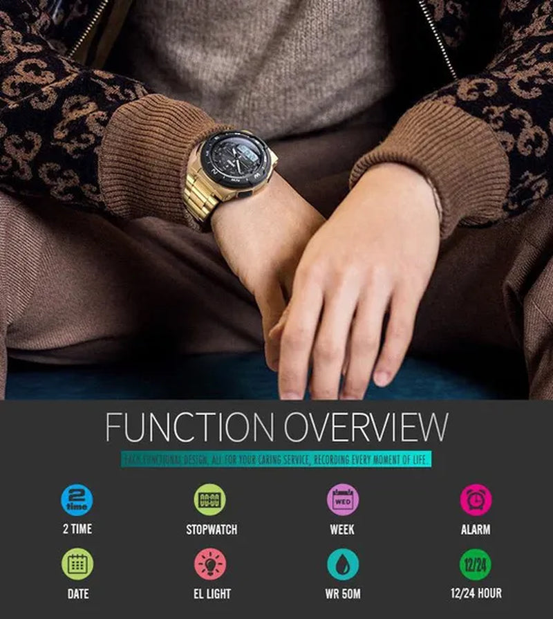 Fashion SKMEI 1370 Men's Digital Watch Outdoor Sports Waterproof Male Business Watches Golden Stainless Steel Wristwatch