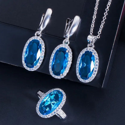 Gloriya Brand 925 Sterling Silver Bright Oval Yellow Topaz Crystal with White CZ Pendant Necklace Earrings and Ring Set for Women Gorgeous Cocktail Party Jewelry Sets