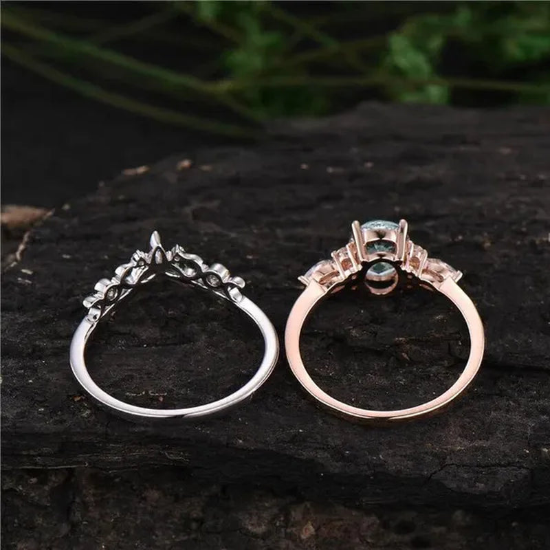Exquisite Women's Fashion Two Tone Silver & Rose Gold Oval Cut Green Moss Agate & Blue Sapphire Ring Set Anniversary Gift Engagement Wedding Rings Jewelry Size 5-10