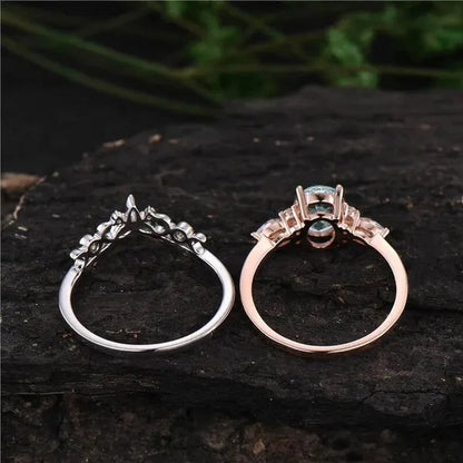 Exquisite Women's Fashion Two Tone Silver & Rose Gold Oval Cut Green Moss Agate & Blue Sapphire Ring Set Anniversary Gift Engagement Wedding Rings Jewelry Size 5-10