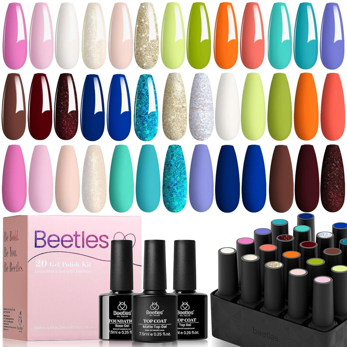 Beetles 23Pcs Gel Nail Polish Kit with Glossy Matte Top Coat and Base Coat Girls Night Collection White Nude Gray Glitters Gel Nail Polish Set U V Soak Off Holiday Manicure for Women Girls