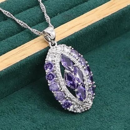 Luxurious Purple Amethyst 925 Sterling Silver Jewelry Set For Women Bracelet Earrings Necklace Pendant Ring Birthday Gift