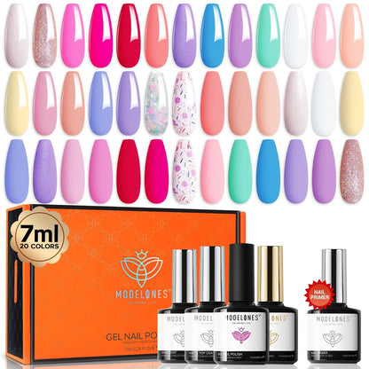 32Pcs Gel Nail Polish Set, 28 Colors 7ML Gel Polish Set with Glitter & Glossy & Matte Gel Top + Base Coat Pastel Macaron Colors, 2024 Spring Gel Polish Kit Trendy Nail Art for Women Girls