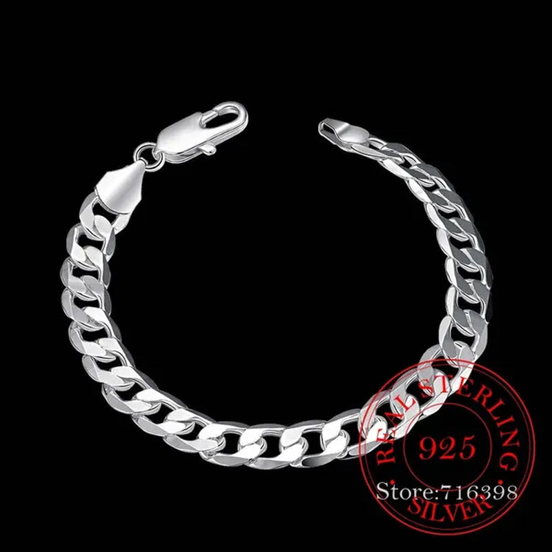 Men's Fine Jewelry 8 Inch 20cm Bracelet 925 Sterling Silver Fashion Charm 8MM Sideways Flat Chain Bracelets Bangle For Women Men