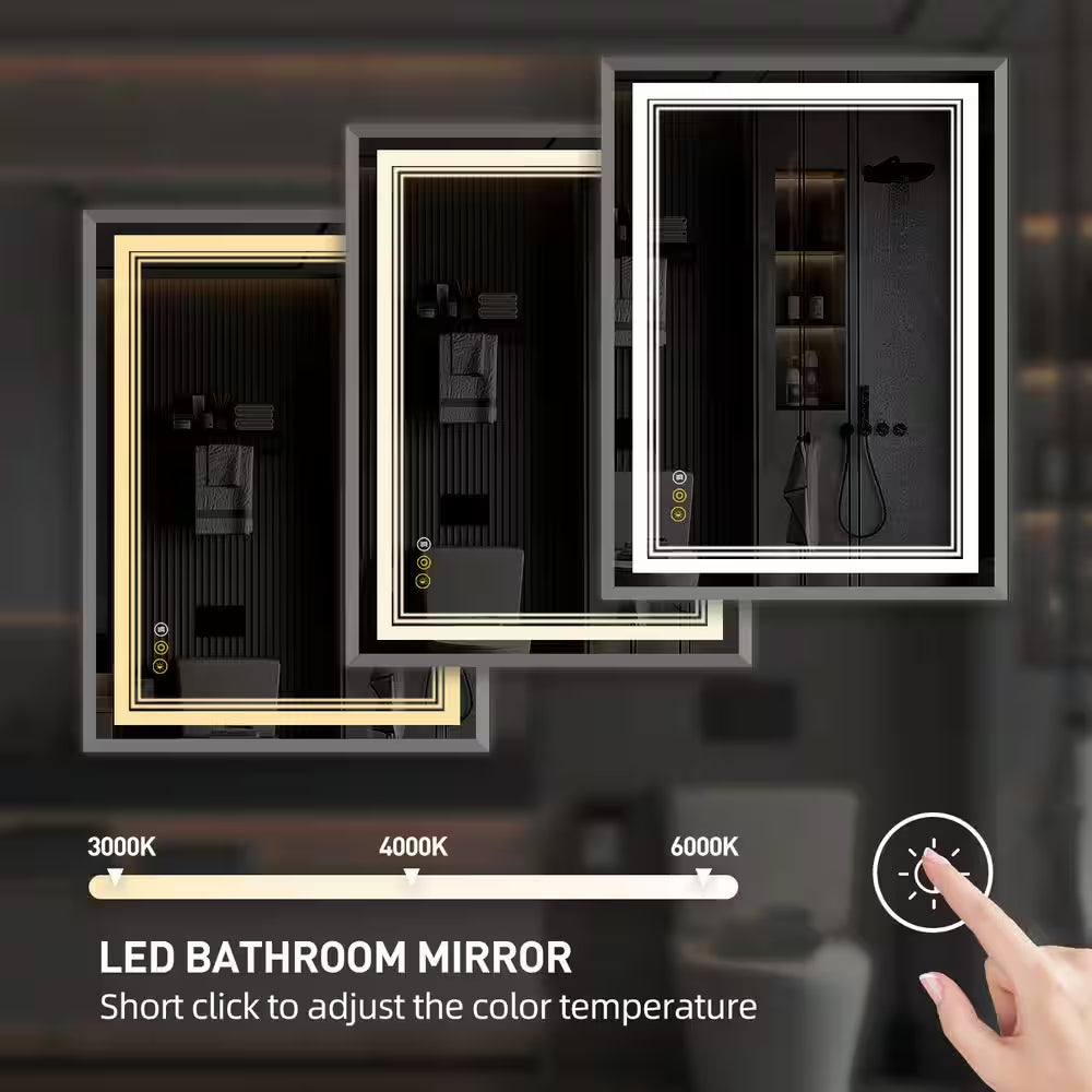 RS 48 In. W X 36 In. H Rectangular Beveled Edge 3 Colors Dimmable LED Anti-Fog Memory Wall Mount Bathroom Vanity Mirror