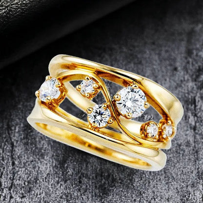 24K Solid Gold 6 Sparkling Diamond Rings Super Bride Engagement Wedding Rings Band Anniversary Birthday Christmas Jewelry Size 5-12