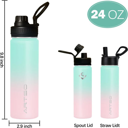 24Oz Stainless Steel Insulated Water Bottle with Straw & Two Lids,Double Walled Vacuum Insulated Leak Proof Hot Cold Water Bottles, Green/Pink Gradient