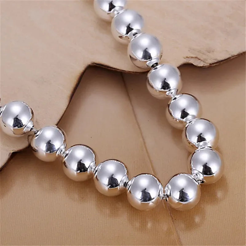 Fashion 925 Sterling Silver 8mm Hollow Smooth Round Beads Necklace Bracelets Set for Women Wedding Engagement Party Jewelry